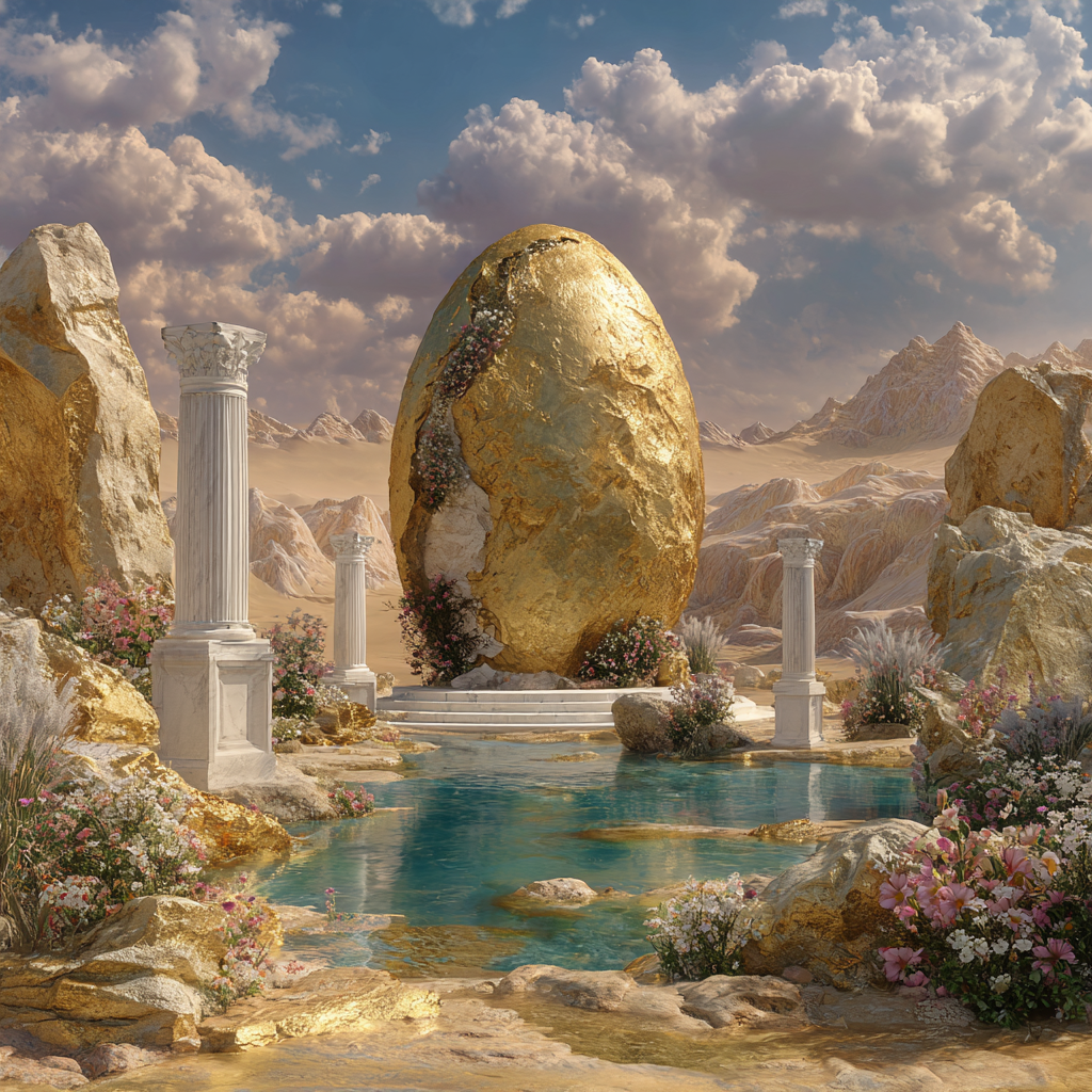 Symbolische Landschaft mit monumentalem goldenem Ei zwischen Säulen, Wasser und Felsen, ruhige und harmonische Atmosphäre