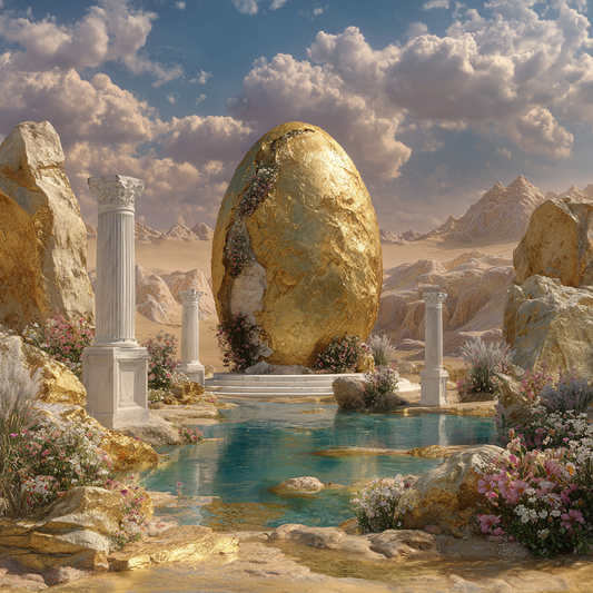 Symbolische Landschaft mit monumentalem goldenem Ei zwischen Säulen, Wasser und Felsen, ruhige und harmonische Atmosphäre