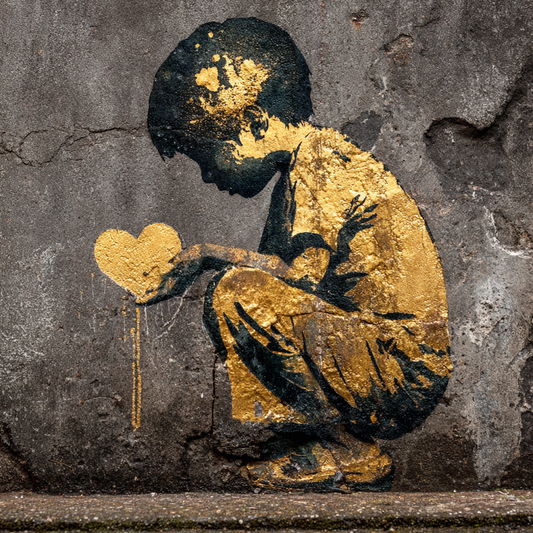 Symbolisches Kunstwerk einer kauernden kindlichen Figur aus Gold, die ein kleines goldenes Herz vor rauer Wand hält