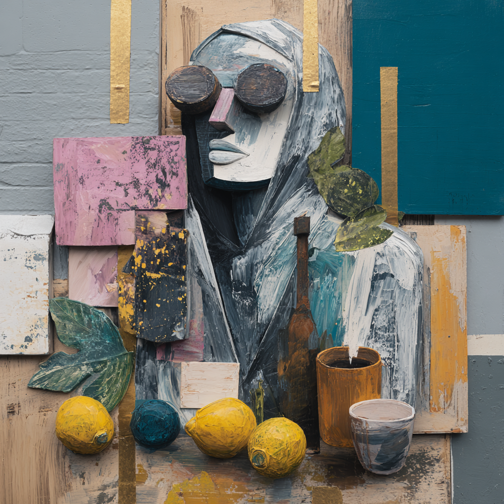 Ikonisches Porträt einer stilisierten Figur in ruhiger Collage aus Alltagsobjekten, Farben und Texturen.