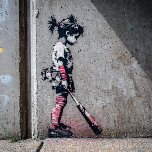Street-Art-Graffiti eines Mädchens mit Baseballschläger auf grauer Betonwand, reduziert und symbolisch.
