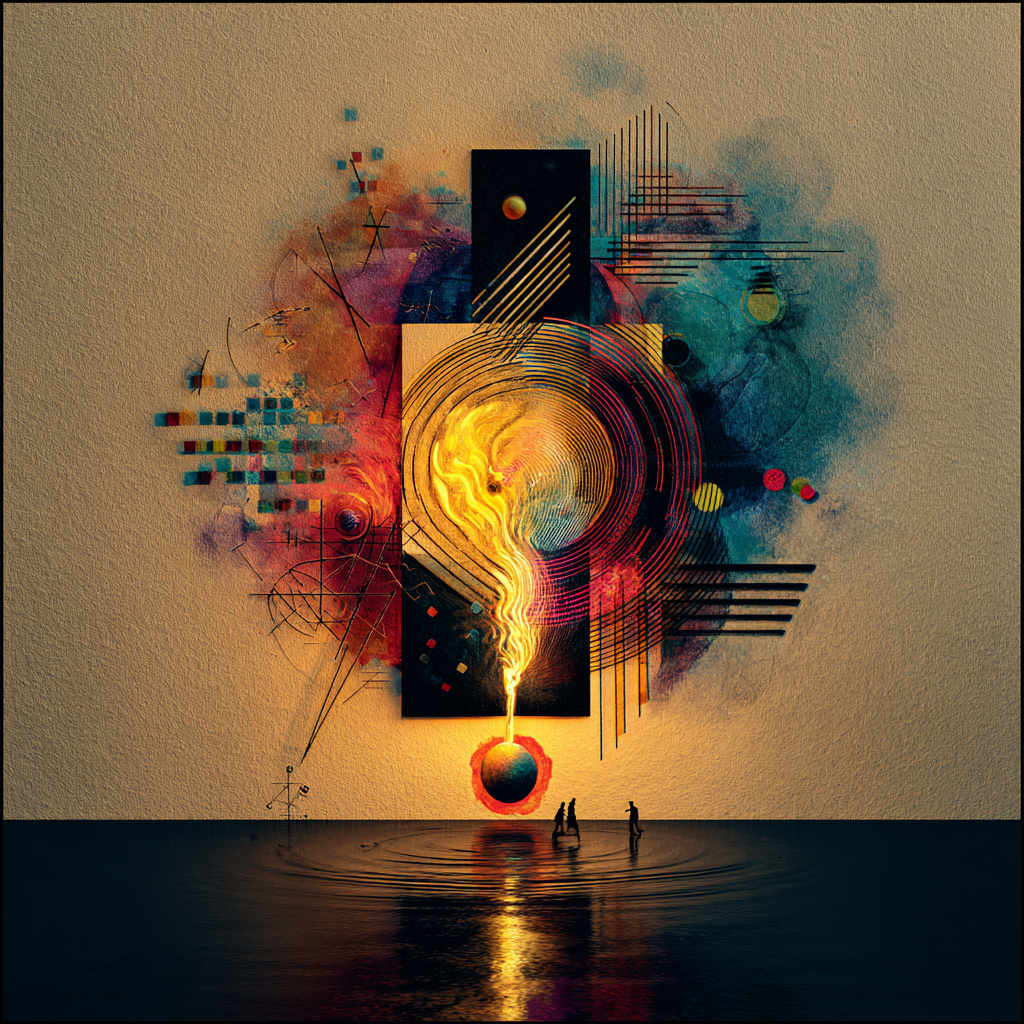 Abstraktes Kunstwerk mit leuchtender Spirale, geometrischen Linien und zwei kleinen Figuren vor spiegelndem Wasser.