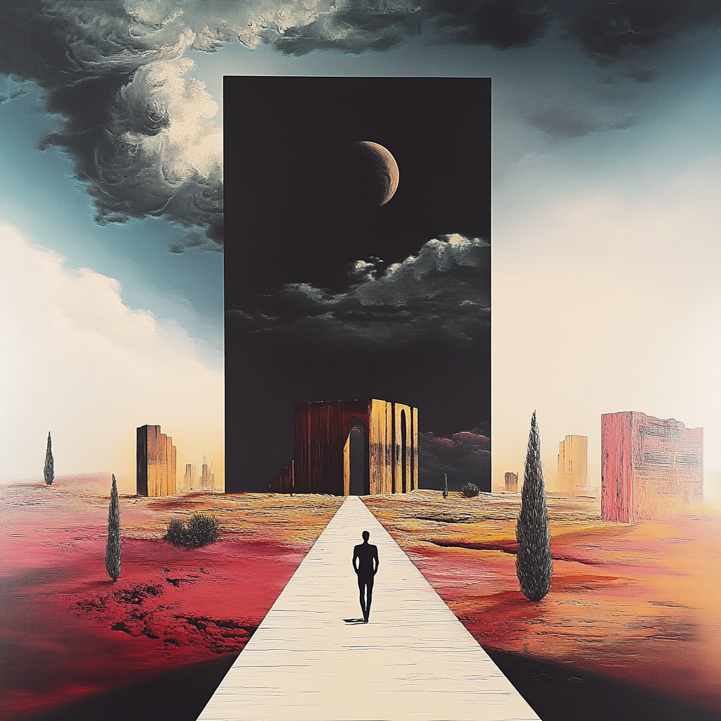 Surreale Landschaft mit einem Menschen auf einem Weg zu einem dunklen Tor unter einem Mond.