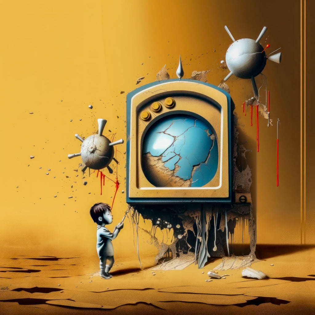 Surreal-symbolisches Kunstwerk mit kindlicher Figur vor technischer Konstruktion, aufgebrochener Kugelform, schwebenden Elementen und warmer Farbpalette.