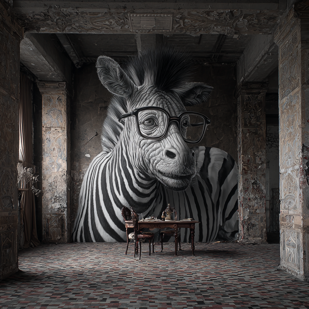 Großes Zebra mit Brille sitzt in surrealem, verlassenem Raum mit Tisch und Stühlen.