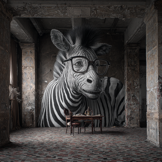 Großes Zebra mit Brille sitzt in surrealem, verlassenem Raum mit Tisch und Stühlen.