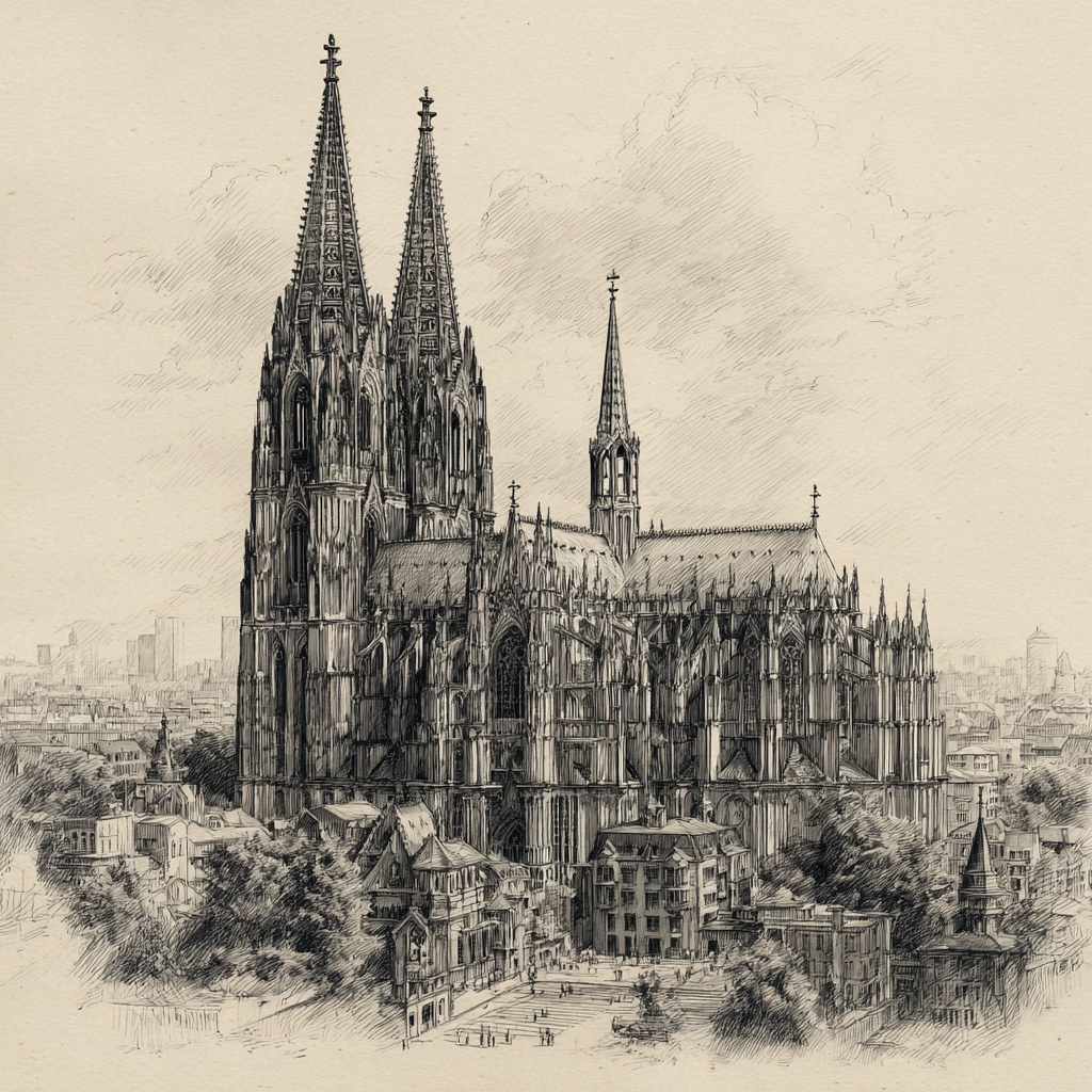Fein gezeichnete Darstellung einer gotischen Kathedrale mit hohen Türmen über einer Stadt, ruhig-ästhetische und architektonische Atmosphäre