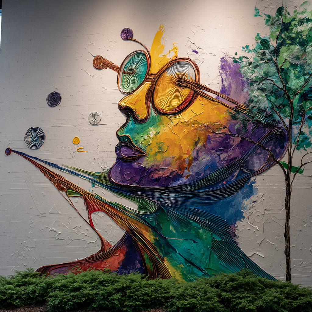 Abstraktes digitales Kunstwerk eines farbigen Gesichts in Seitenansicht mit strukturierten Linien und organischen Formen, das Wahrnehmung, Bewegung und Natur symbolisiert.