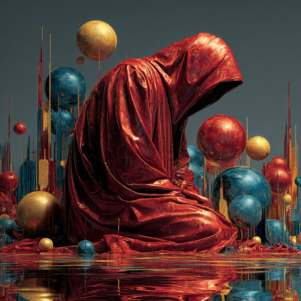 Symbolische rote verhüllte Figur sitzt zwischen schwebenden goldenen und blauen Kugeln in abstrakter futuristischer Landschaft.