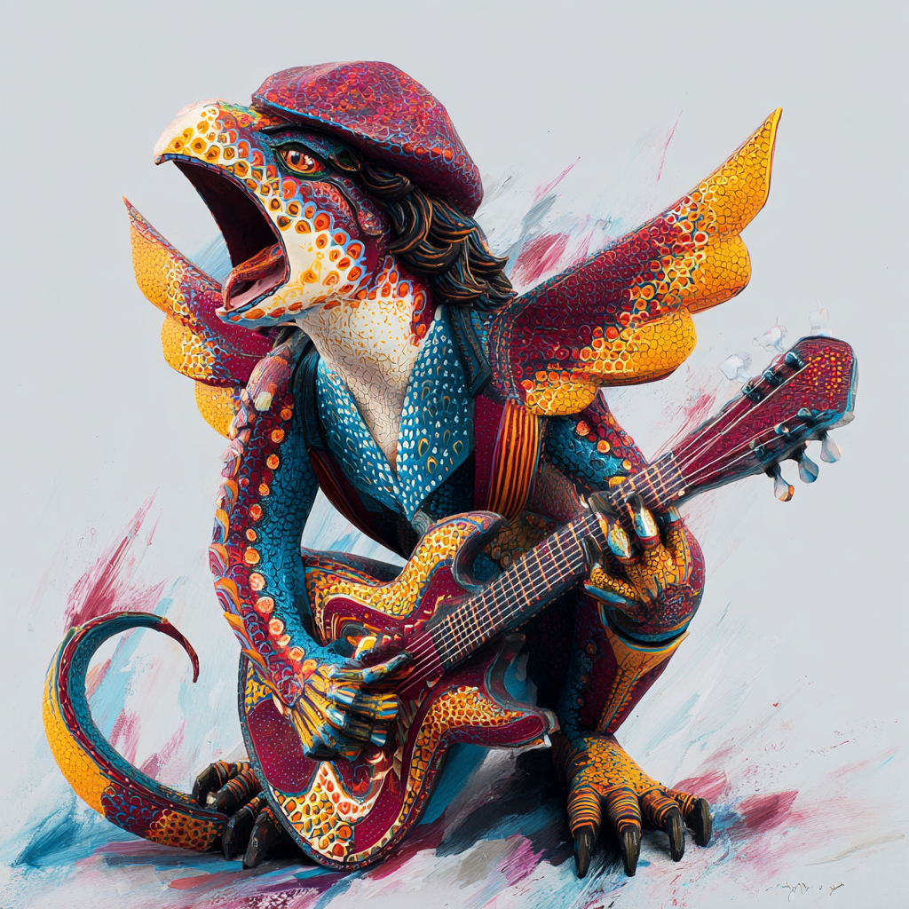 Bunte reptilienartige Fantasiefigur spielt eine E-Gitarre und wirkt wie ein Rockmusiker mit Flügeln.