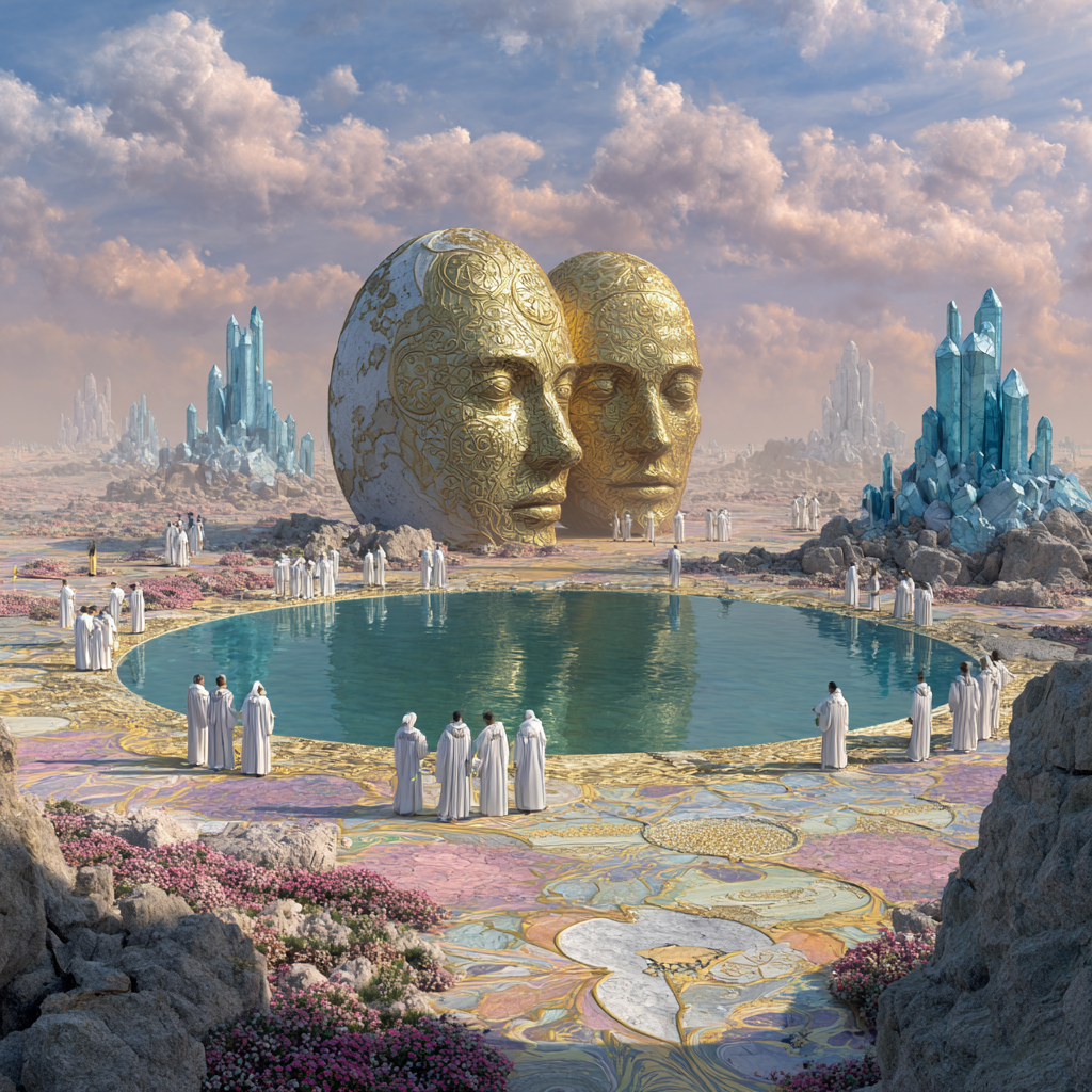 Symbolische Landschaft mit rituellem Kreis um ein Wasserbecken und zwei goldenen Köpfen im Hintergrund, ruhige und gemeinschaftliche Atmosphäre