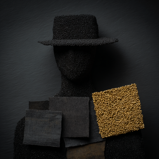 Abstraktes, symbolisches Porträt einer anonymen Figur mit Hut, dunkler Silhouette und geometrischen Elementen in Schwarz und Gold.