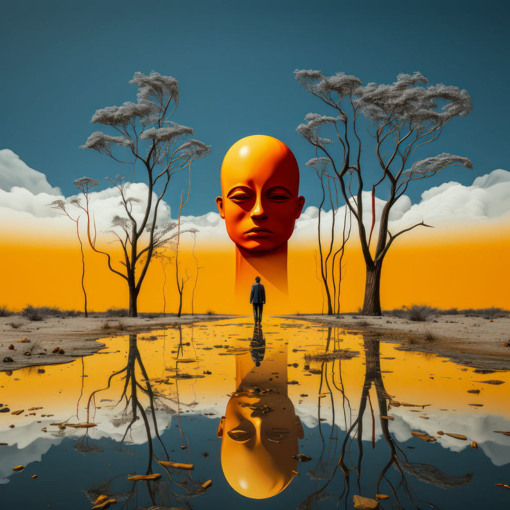 Surreal-symbolisches Kunstwerk mit monumentalem Kopf, stehender Figur, spiegelnder Wasserfläche und reduzierter Landschaft in warmen Farbtönen.