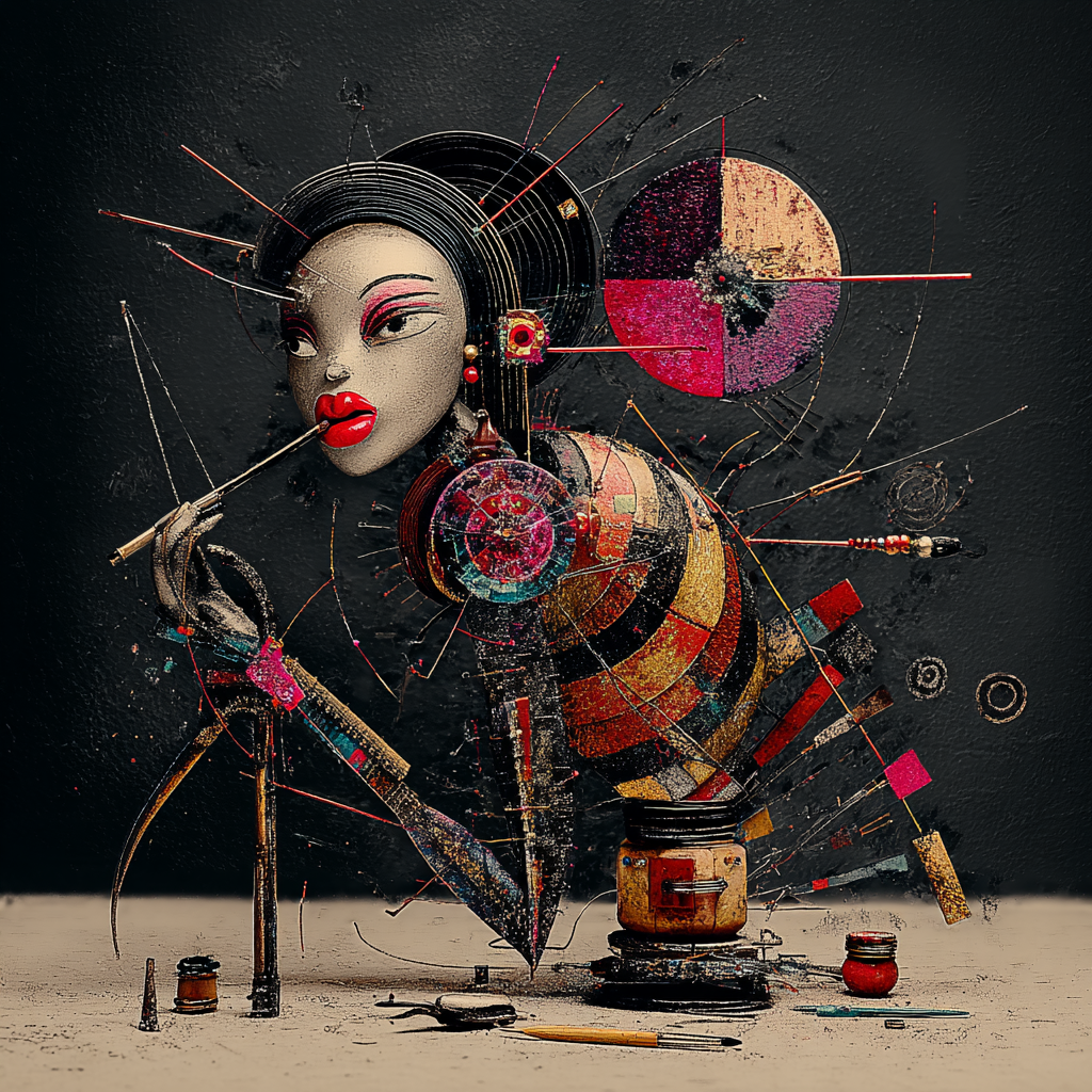 Surrealistische Künstlerfigur mit geometrischen Elementen, mechanischen Armen und roten Lippen vor dunklem Hintergrund.
