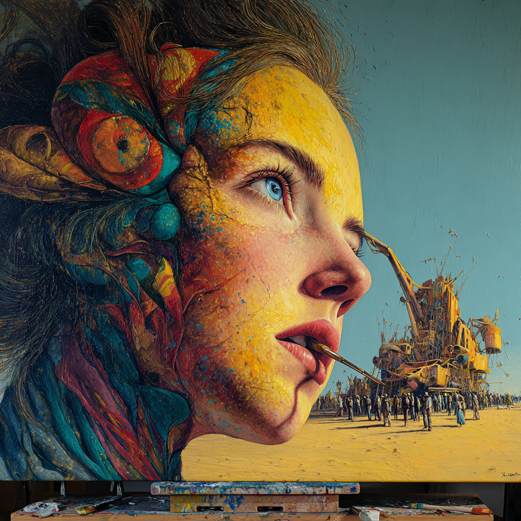 Symbolisches Frauenporträt mit Pinsel, surrealer Stadt und Wüstenlandschaft.