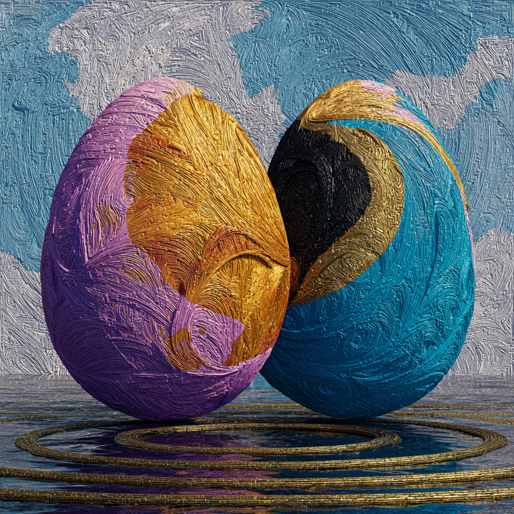 Zwei ineinander verschränkte, geöffnete eiförmige Skulpturen in Blau, Gold und Violett stehen auf einem kreisförmigen Sockel vor ruhigem Hintergrund.
