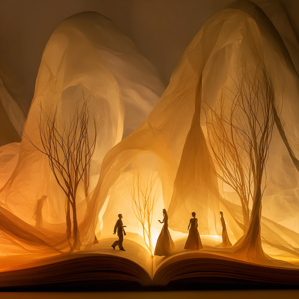 Poetisches Kunstwerk mit aufgeschlagenem Buch, leuchtender Fantasielandschaft, Bäumen und menschlichen Figuren als Symbol für Geschichten und Begegnungen.
