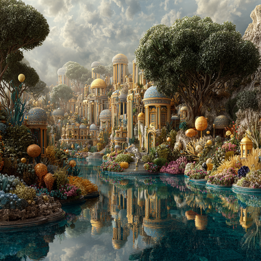 Fantastische Stadtlandschaft mit goldenen Kuppeln, üppiger Vegetation und spiegelndem Wasser in ruhiger, märchenhafter Atmosphäre