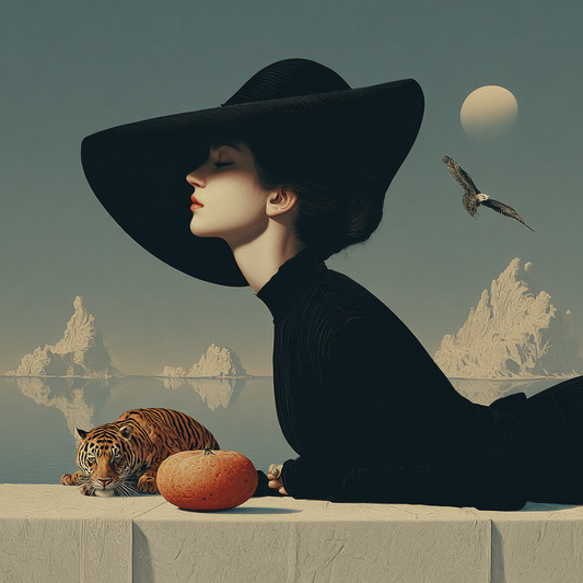Symbolisches Frauenporträt mit schwarzem Hut, ruhendem Tiger und Mondlandschaft.