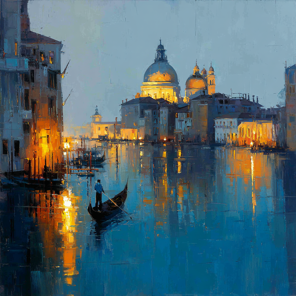 Gondel auf ruhigem Kanal in Venedig bei Abendlicht mit beleuchteter Kirche und Spiegelungen im Wasser.