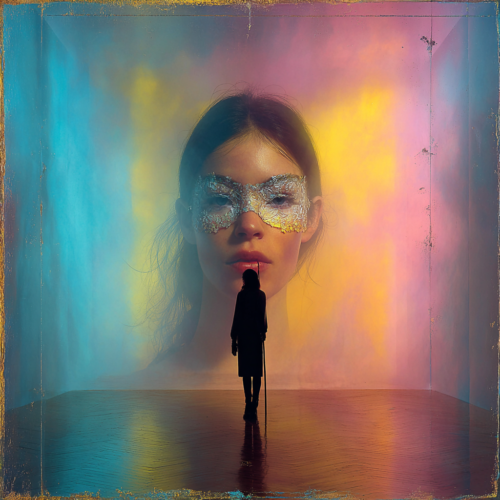 Silhouette einer Person vor einer großen Projektion eines Frauenporträts mit silberner Augenmaske in farbigem Licht.