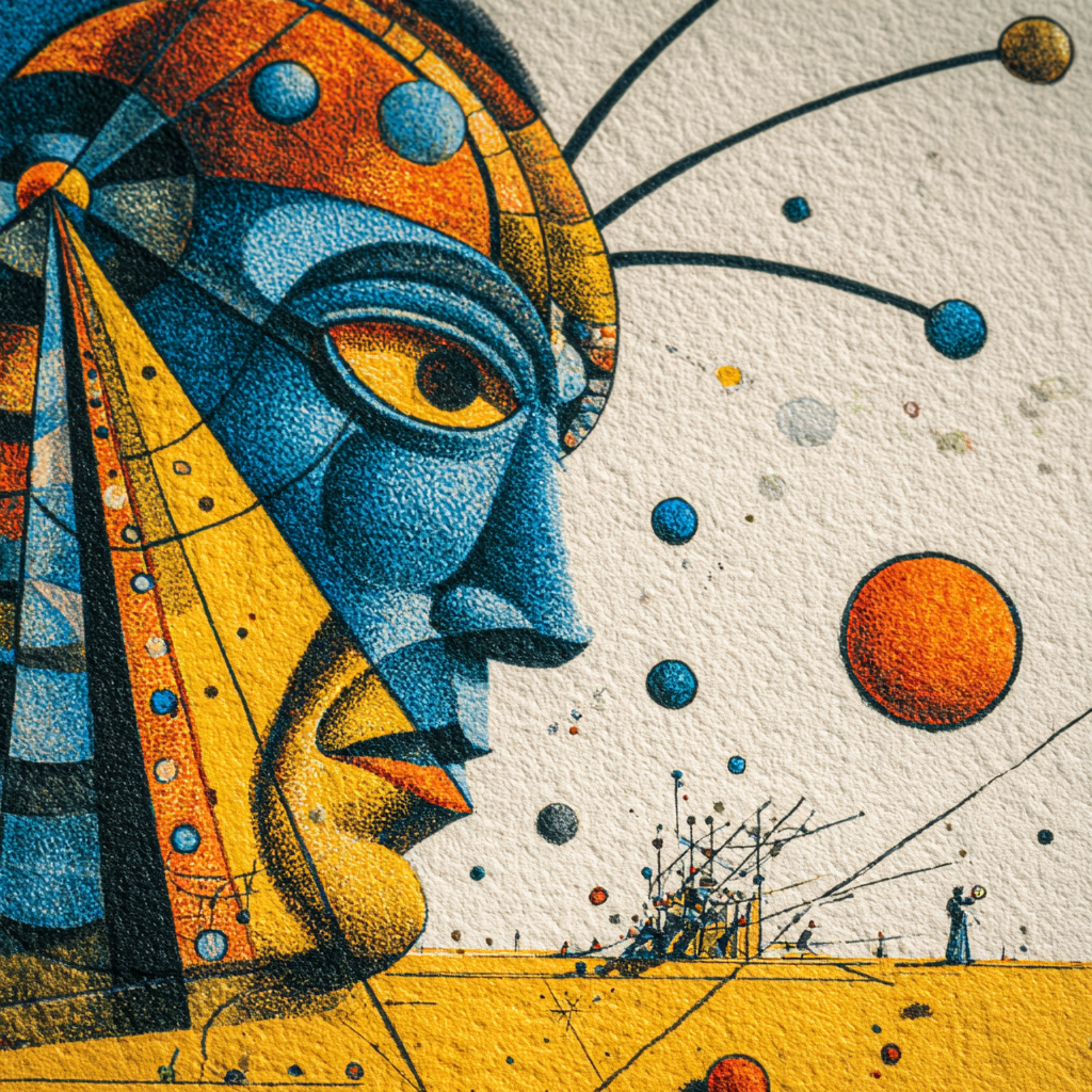 Grafisch-symbolisches Porträt eines Gesichts mit geometrischen Formen, Kreisen und kosmischen Linien.