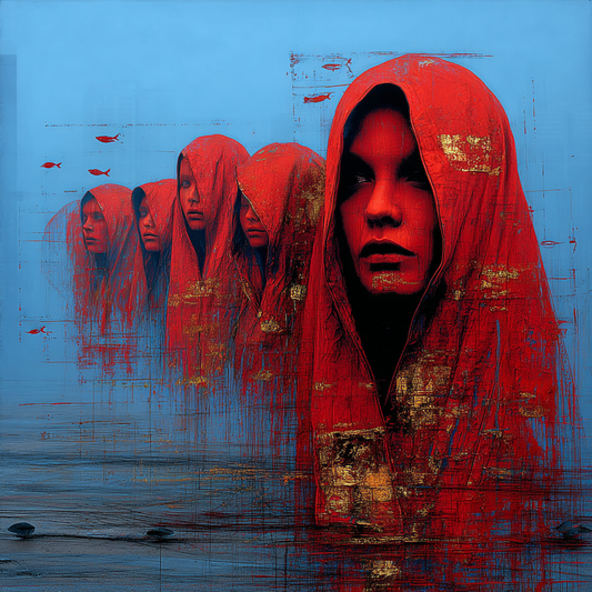 Mehrere rote verhüllte Figuren stehen in einer Reihe im Wasser vor blauem Hintergrund in symbolischer Kunst.