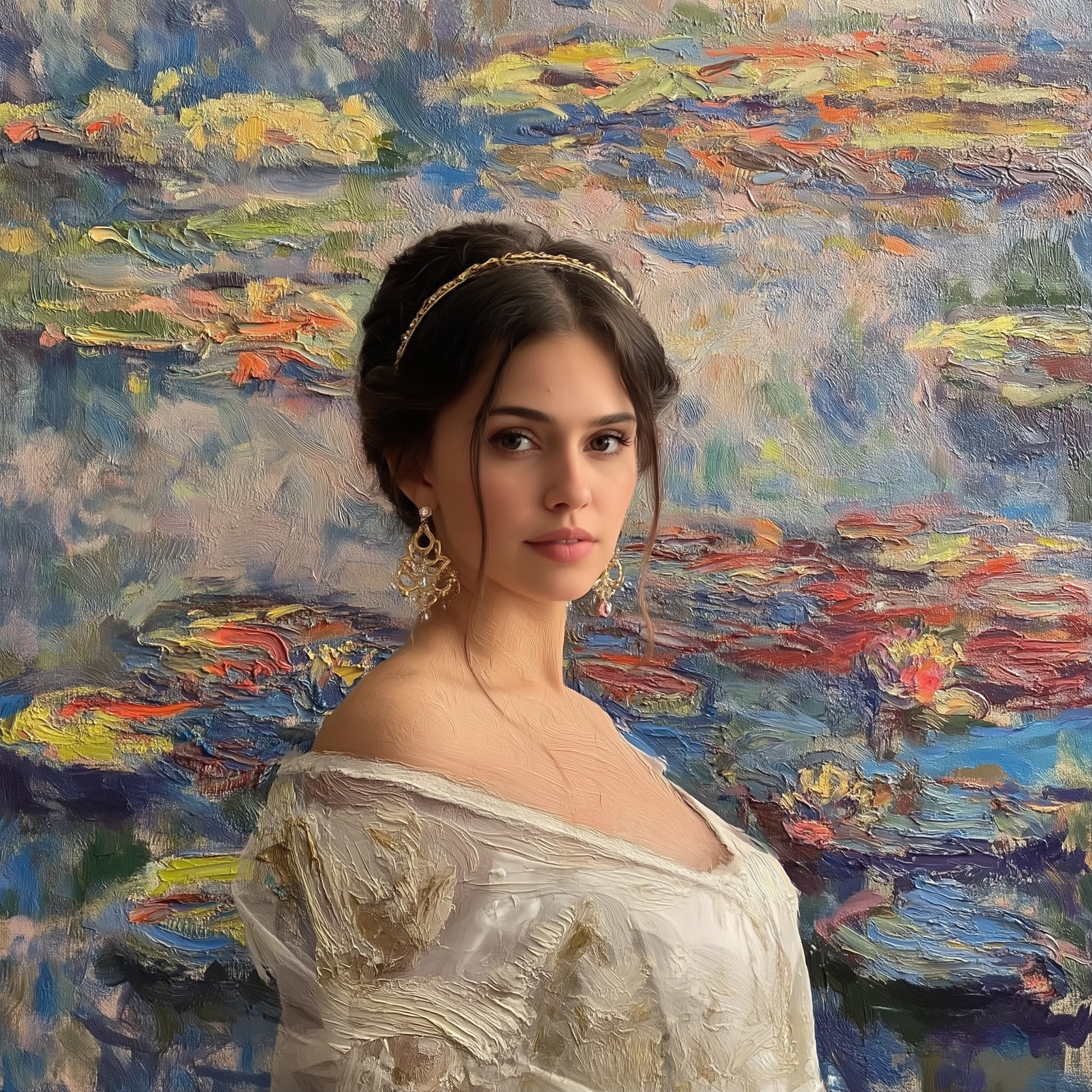 Elegantes Frauenporträt vor impressionistischem Seerosenteich mit farbenreicher, malerischer Struktur.