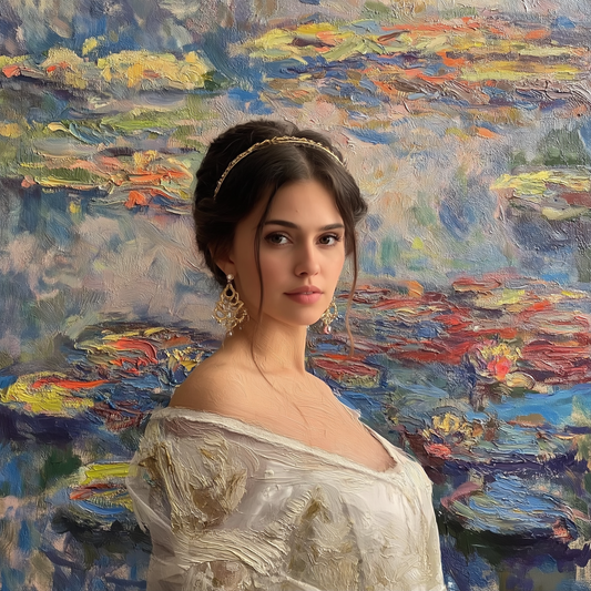 Elegantes Frauenporträt vor impressionistischem Seerosenteich mit farbenreicher, malerischer Struktur.