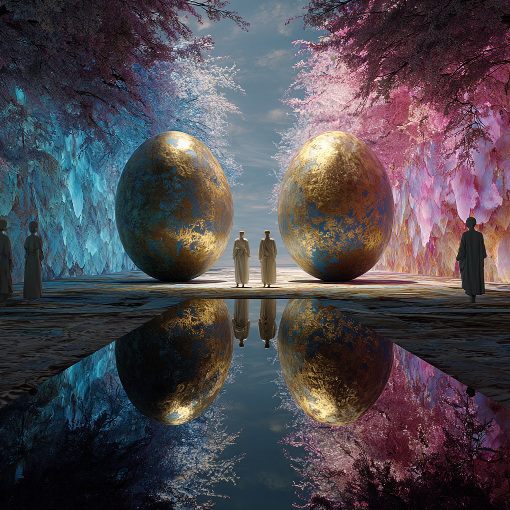 Zwei goldene eiförmige Skulpturen stehen sich spiegelnd gegenüber, dazwischen zwei ruhige menschliche Figuren in einer farblich geteilten, symbolischen Landschaft.