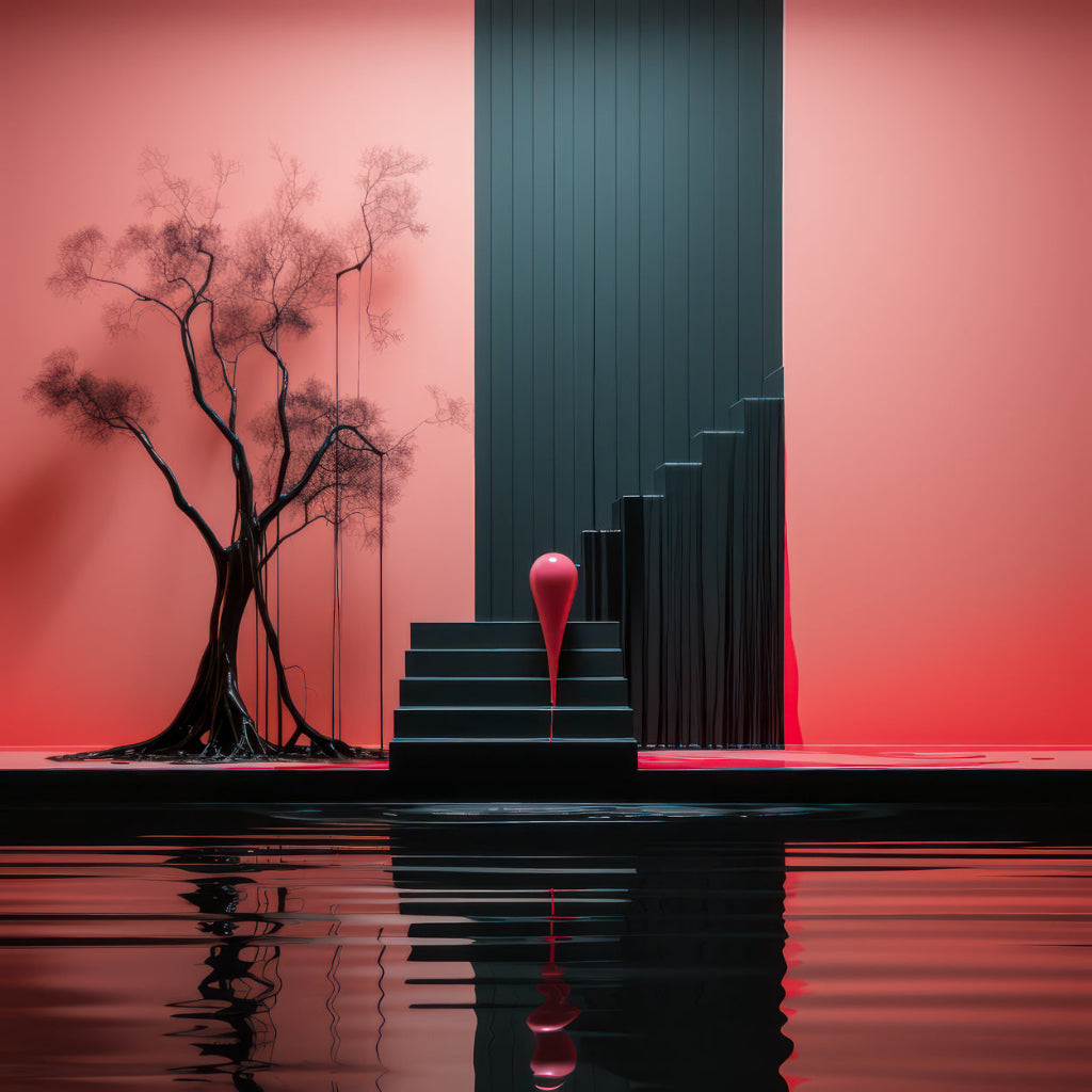 Surreal-symbolisches Kunstwerk mit dunkler Treppe, tropfenförmiger Figur, kahlem Baum und spiegelnder Wasserfläche in reduzierter Farbpalette.