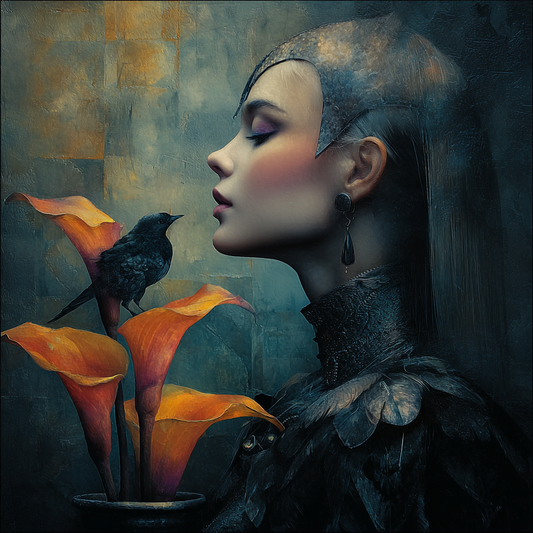 Symbolisches Frauenporträt im Profil mit Vogel und Calla-Blüten in ruhiger, poetischer Atmosphäre.