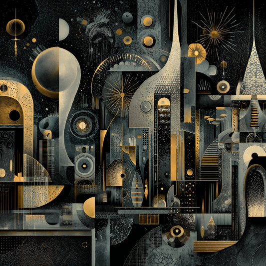 Abstrakte futuristische Stadt aus geometrischen Formen mit goldenen Planeten und Sternen im dunklen Kosmos.