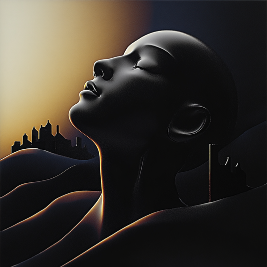 Symbolisches digitales Kunstwerk eines dunklen weiblichen Profils mit geschlossenen Augen, aus dessen Körper eine stilisierte Stadtsilhouette hervortritt.