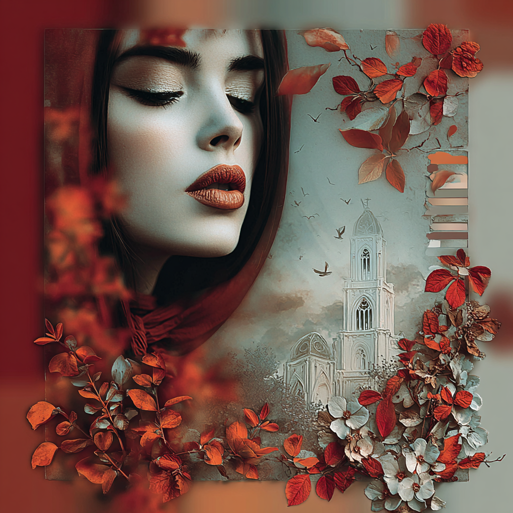 Poetisches Frauenporträt mit geschlossenen Augen, roten Herbstblättern und einer symbolischen Kirche im Hintergrund.