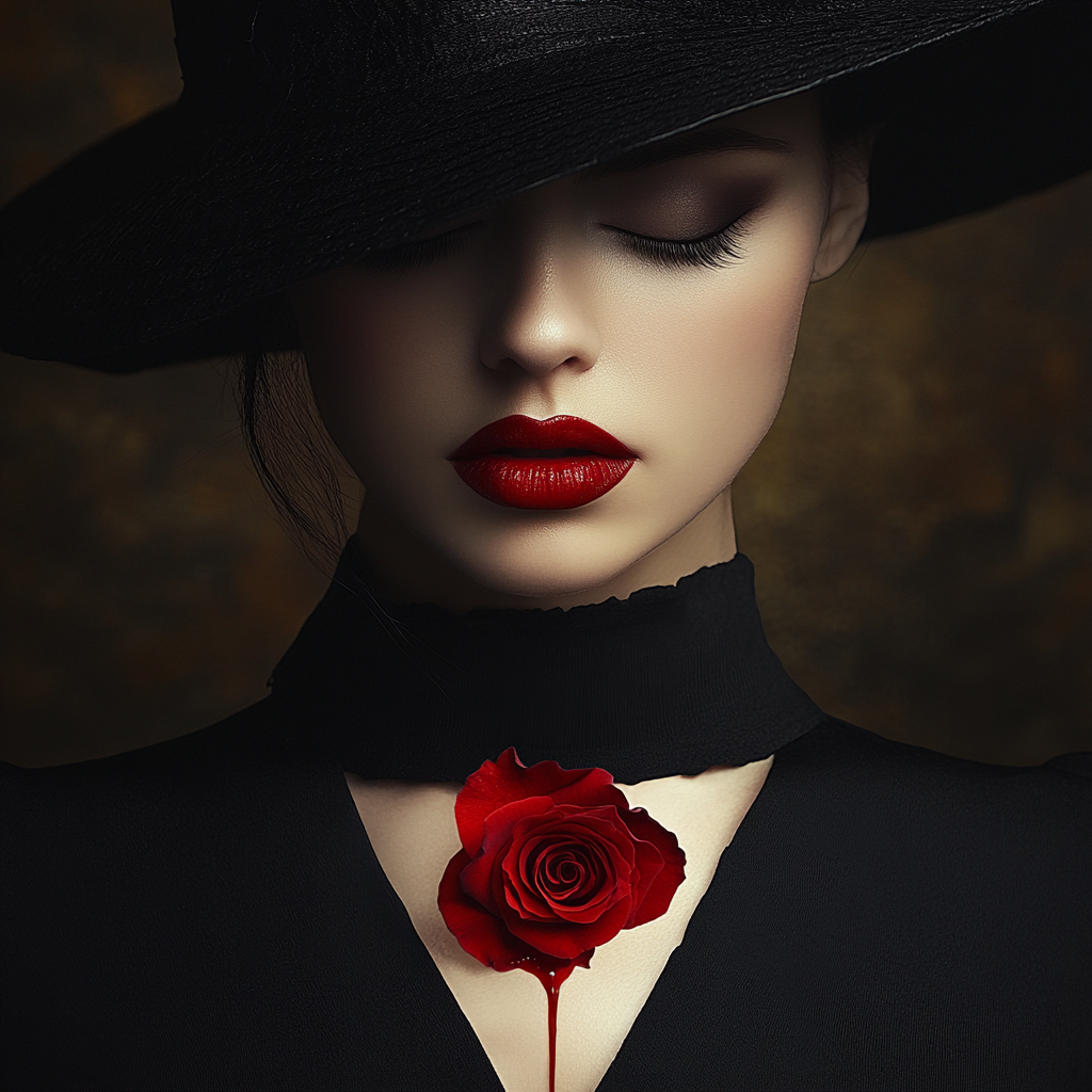 Symbolisches Porträt einer Frau mit roter Rose auf der Brust und dunklem Hut.