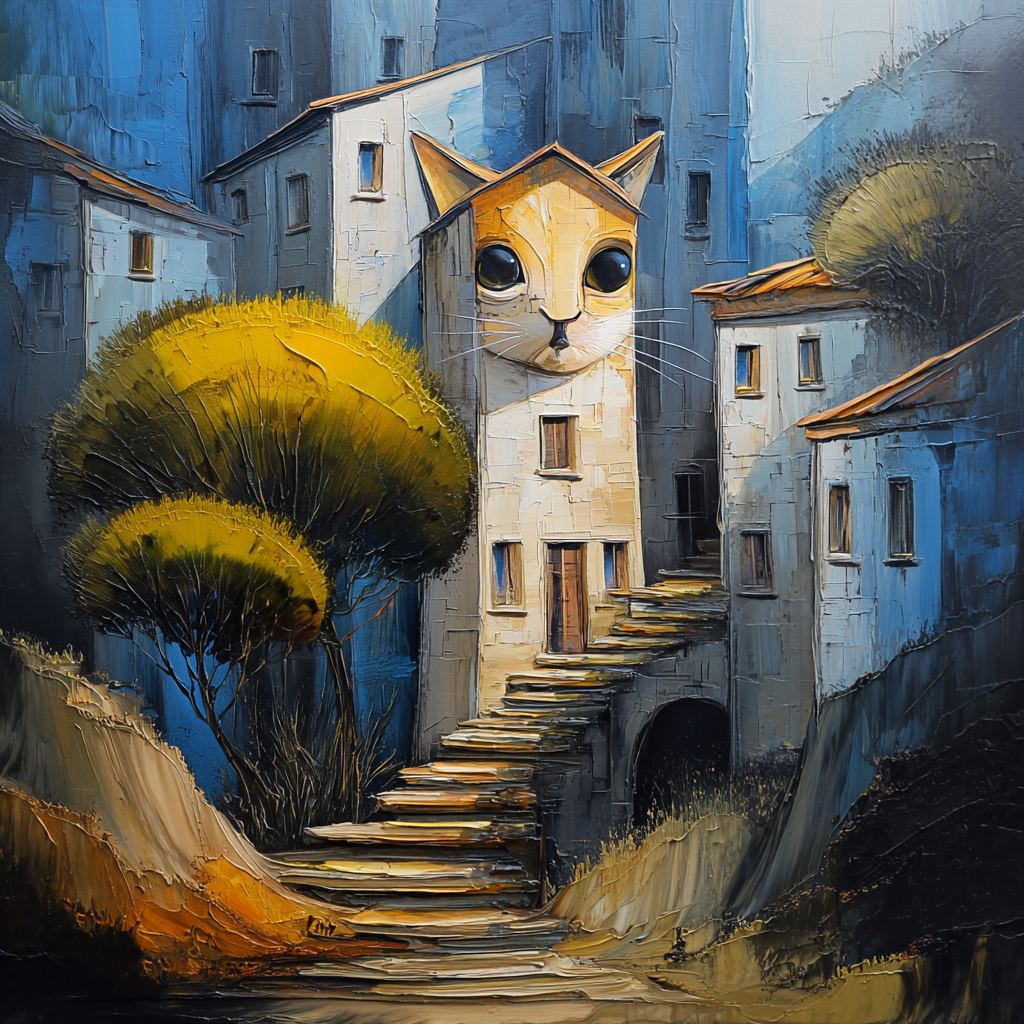 Surreale Stadt mit hausförmiger Katze als stiller Wächter in Blau- und Goldtönen.
