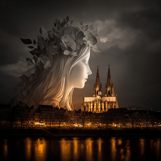 Kölner Dom bei Nacht mit großer symbolischer Frauenfigur aus Blättern und Haaren über der Stadt.