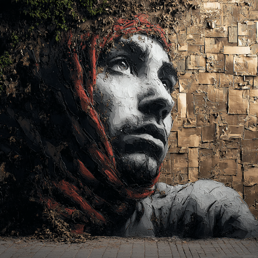 Street-Art-Porträt eines Mannes mit rotem Kopftuch, gemalt auf einer strukturierten urbanen Wand in Grau- und Erdtönen.