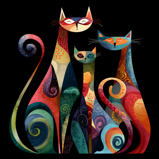 Symbolische Tierdarstellung mit drei farbenfrohen, ornamentalen Katzen vor schwarzem Hintergrund, ruhig-verspielte und harmonische Wirkung