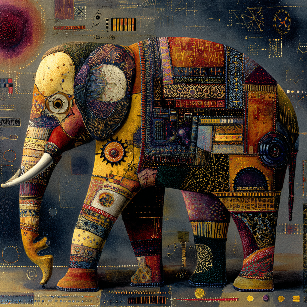Ornamentaler Elefant aus bunten Mustern und geometrischen Elementen in dekorativem Kunststil.