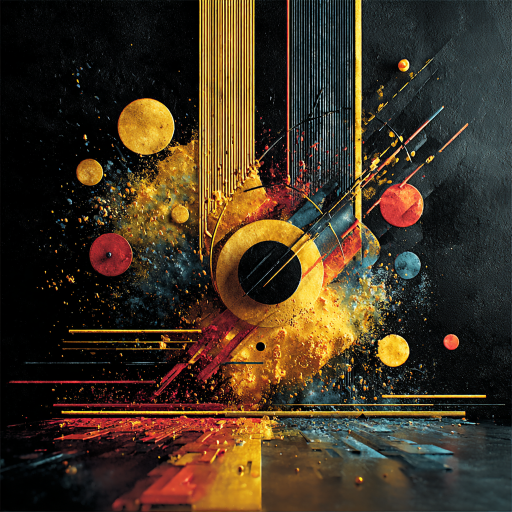 Abstrakte geometrische Komposition mit goldenen, roten und blauen Formen, Linien und Kreisen auf dunklem Hintergrund.