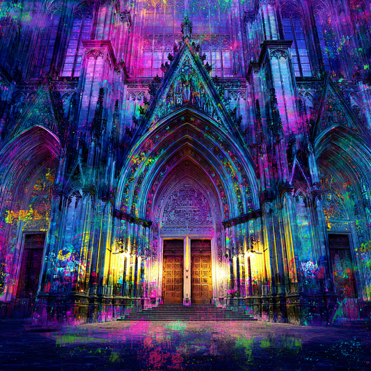 Gotische Kathedrale mit bunten Lichtprojektionen in Blau, Pink und Grün auf der Fassade.