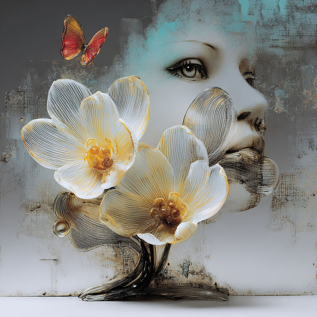 Poetisches florales Porträt mit weiblichem Profil, hellen Blüten und Schmetterling als Symbol für innere Ruhe, Licht und leise Transformation.