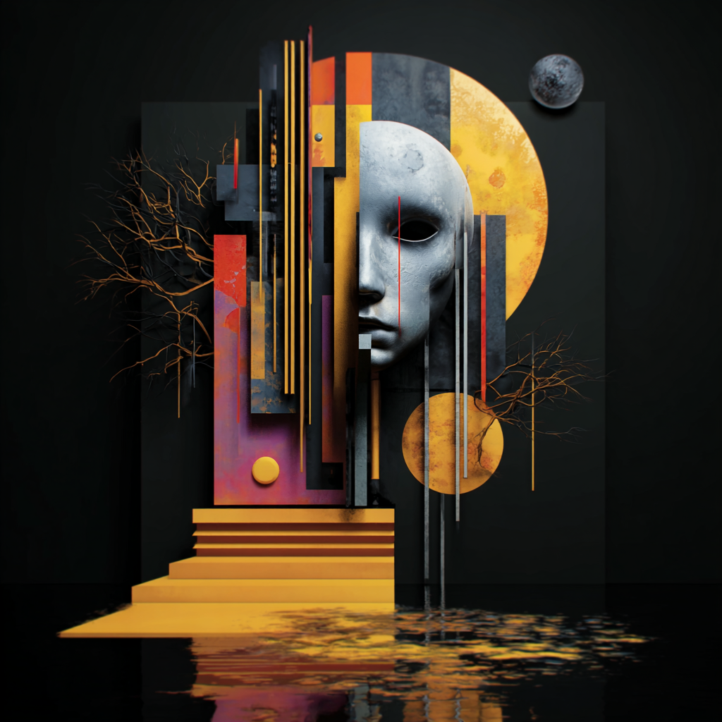 Surreal-symbolisches Kunstwerk mit fragmentiertem Porträt, geometrischen Formen, goldenen Akzenten, vertikalen Linien und spiegelnder Wasserfläche.
