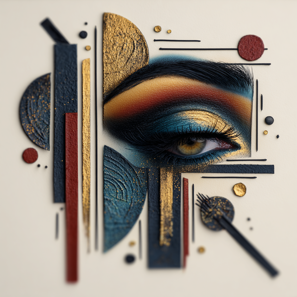 Abstraktes Porträt eines menschlichen Auges mit geometrischen Formen, goldenen Akzenten und grafischer Struktur in moderner Digitalkunst.