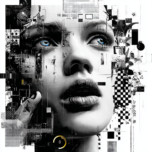 Schwarz-weißes Frauenporträt mit blauen Augen, überlagert von digitalen Fragmenten und grafischen Mustern.