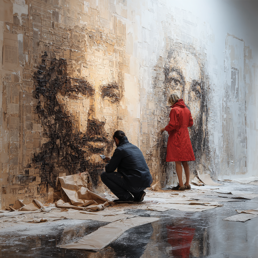 Zwei Personen legen ein monumentales Gesicht aus papierartigen Schichten an einer Wand frei.