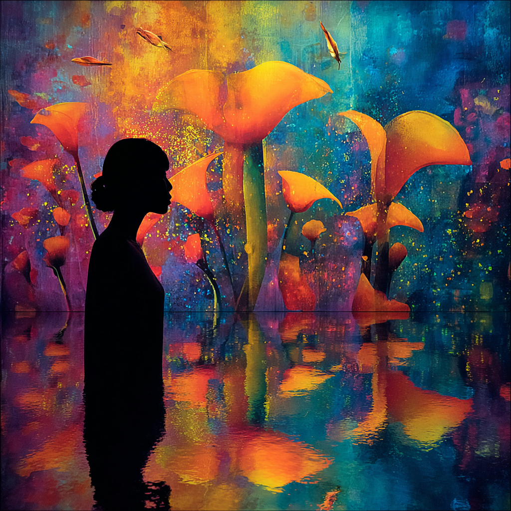 Silhouette einer Person vor leuchtenden, großen Blüten in einer farbigen Traumlandschaft mit Spiegelung im Wasser.