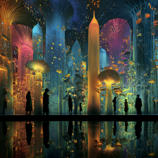 Leuchtender fantasievoller Garten mit hohen Säulen, bunten Pflanzenformen und silhouettierten Menschen vor reflektierendem Wasser.